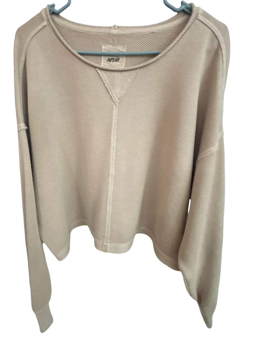 aerie Tan Cropped Relaxed Minimalist Cozy Crewneck Sweatshirt Large
